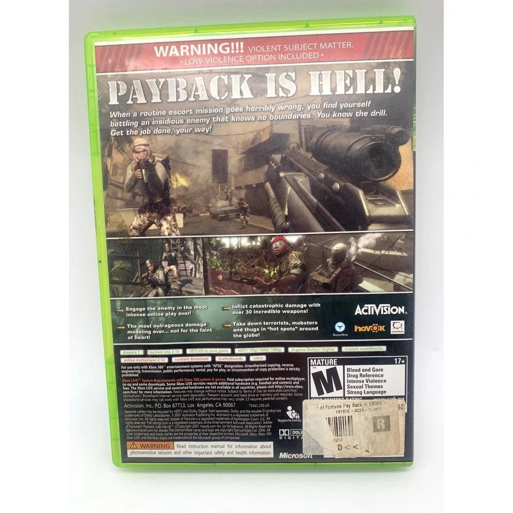 Activision Soldier of Fortune Payback Xbox 360 Video Game First Person Shooter